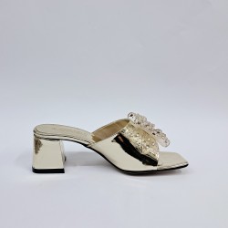 New Collection kurdele detaylı rugan kadın topuklu terlik gold