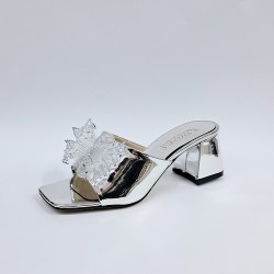 New Collection kurdele detaylı rugan kadın topuklu terlik gümüş