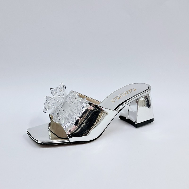 New Collection kurdele detaylı rugan kadın topuklu terlik gümüş