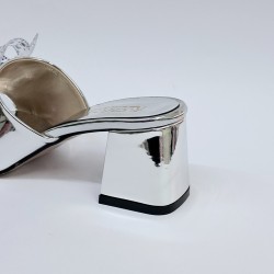 New Collection kurdele detaylı rugan kadın topuklu terlik gümüş