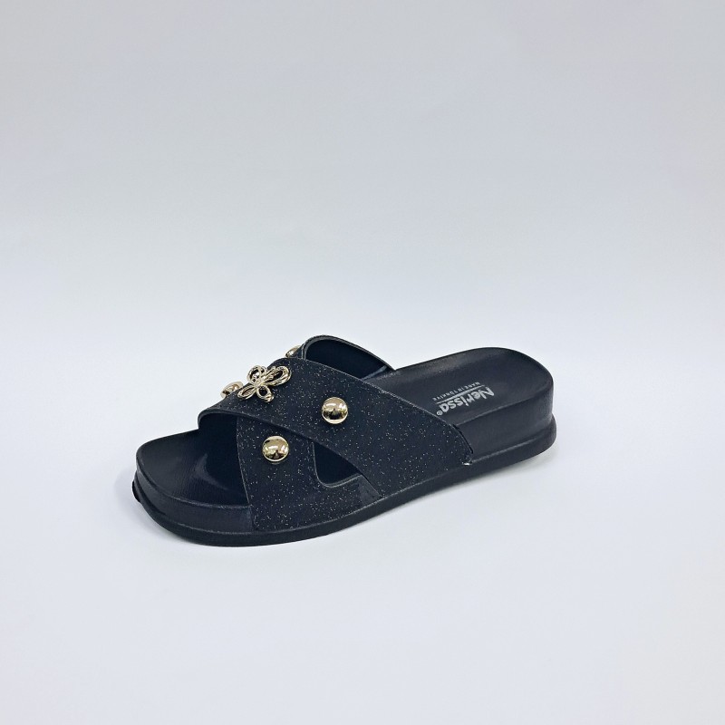 Nerissa simli çapraz kız çocuk terlik siyah