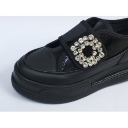 Modalendo taş toka detaylı cırtlı Ortopedik kadın spor ayakkabı siyah