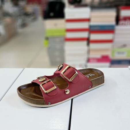 SLC gold detaylı kemerli kadın terlik kırmızı