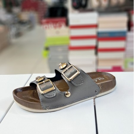 SLC gold detaylı kemerli kadın terlik füme