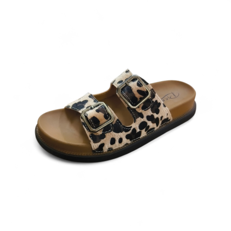 Pienn ortopedik çift tokalı leopar desenli kadın terlik kahverengi