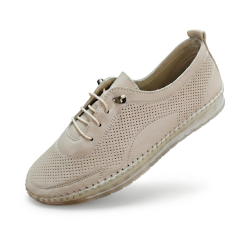 Kınacı hakiki deri ortopedik bağcık detaylı kadın ayakkabı Krem