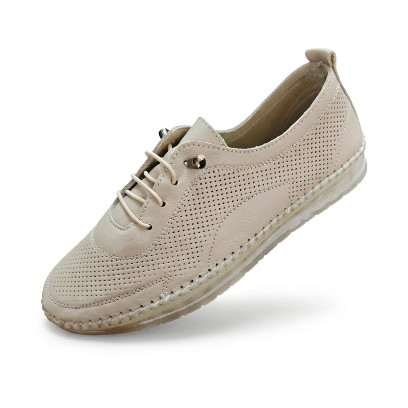 Kınacı hakiki deri ortopedik bağcık detaylı kadın ayakkabı Krem