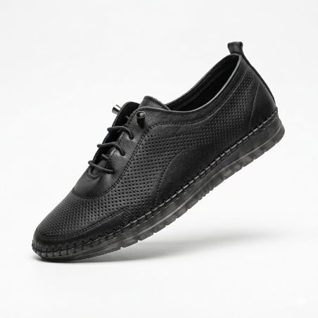 Kınacı hakiki deri ortopedik bağcık detaylı kadın ayakkabı siyah