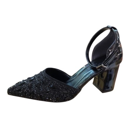 Paris bilekten bağlamalı taş detaylı kadın topuklu ayakkabı siyah