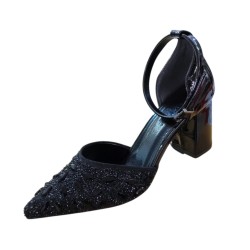 Paris bilekten bağlamalı taş detaylı kadın topuklu ayakkabı siyah