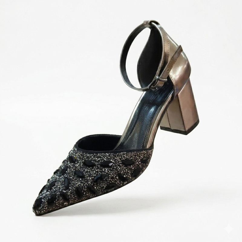 Paris bilekten bağlamalı taş detaylı kadın topuklu ayakkabı antrasit