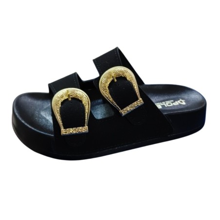 Polen ortopedik çift tokalı kadın terlik siyah