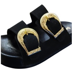 Polen ortopedik çift tokalı kadın terlik siyah