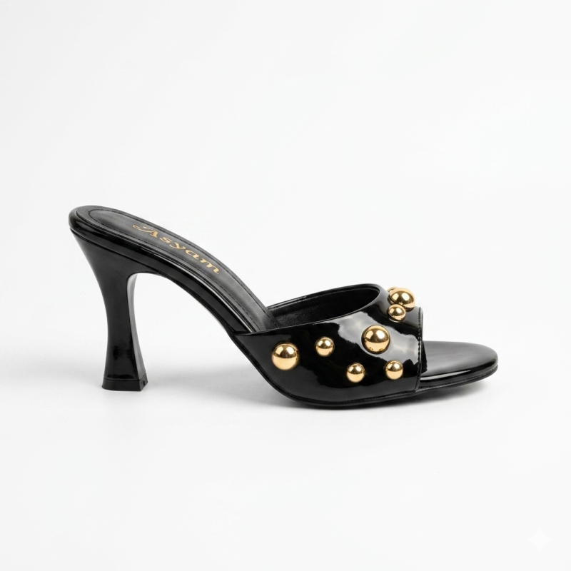 Asyam Gold zımba detaylı topuklu kadın terlik siyah