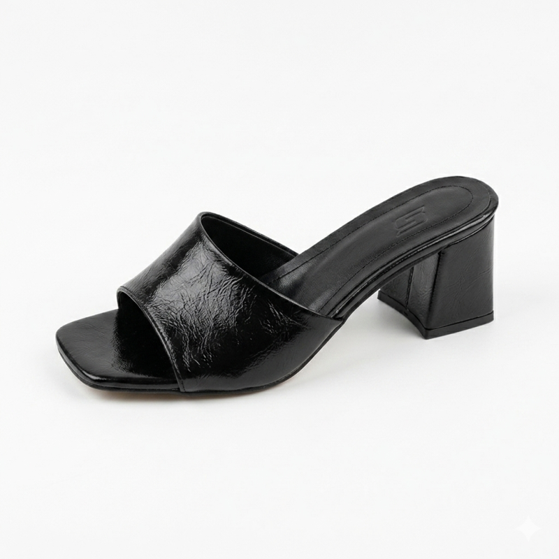 Rugan görünümlü Kalın topuk kadın terlik siyah