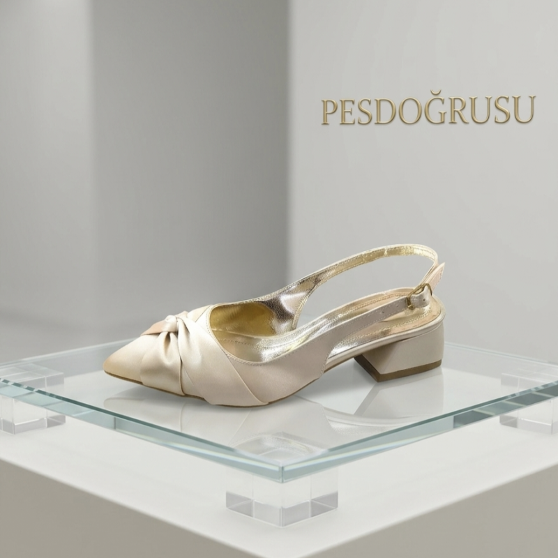 Saten kumaş arkası açık kadın kısa topuk ayakkabı gold