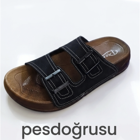 Pienn ortopedik çift tokalı yumuşak taban erkek terlik siyah