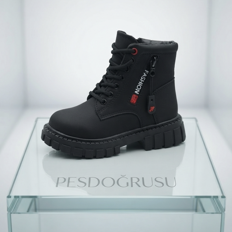Su perisi ortopedik bağcıklı fermuar detaylı kız çocuk botu siyah