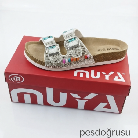 Muya Paa ortopedik çift tokalı taş detaylı kadın terlik Beyaz