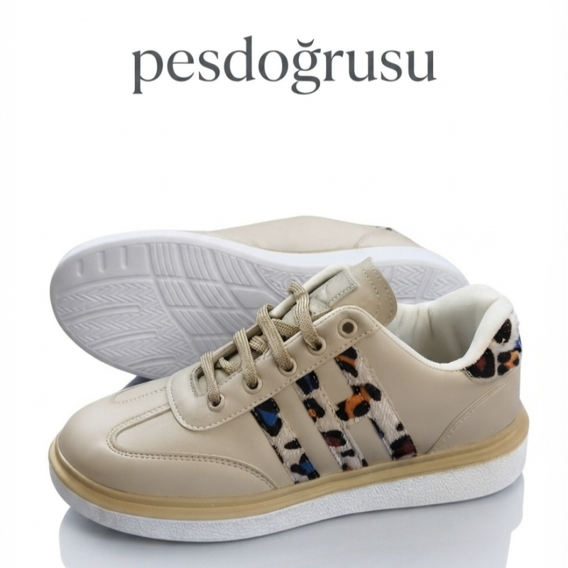 Lady classy leopar detaylı kadın spor ayakkabı Krem