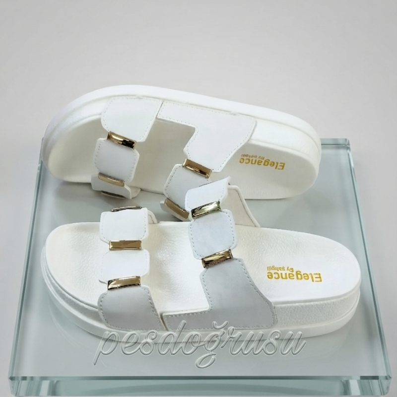 Elegance Gold toka detaylı ortopedik kadın terlik Beyaz