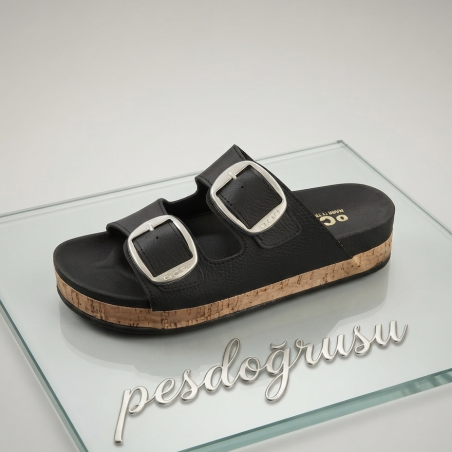 Almira ortopedik çift tokalı kadın terlik siyah