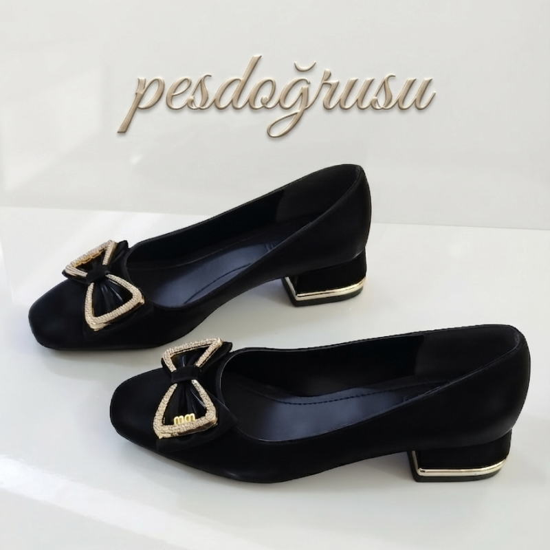 Nehir taş kurdele detaylı kadın kısa topuk ayakkabı siyah