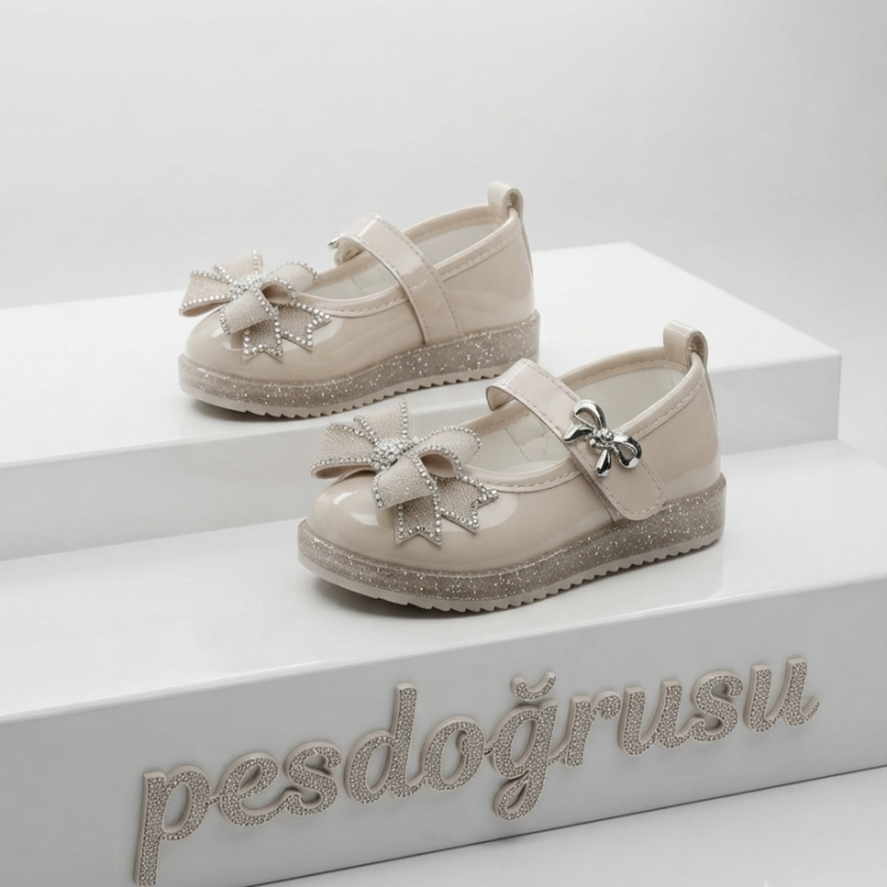 Minimoccs kurdele detaylı kız çocuk ayakkabı Krem