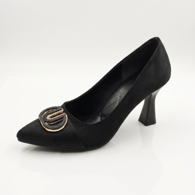 Poliriza toka detaylı saten kumaş kadın topuklu ayakkabı siyah